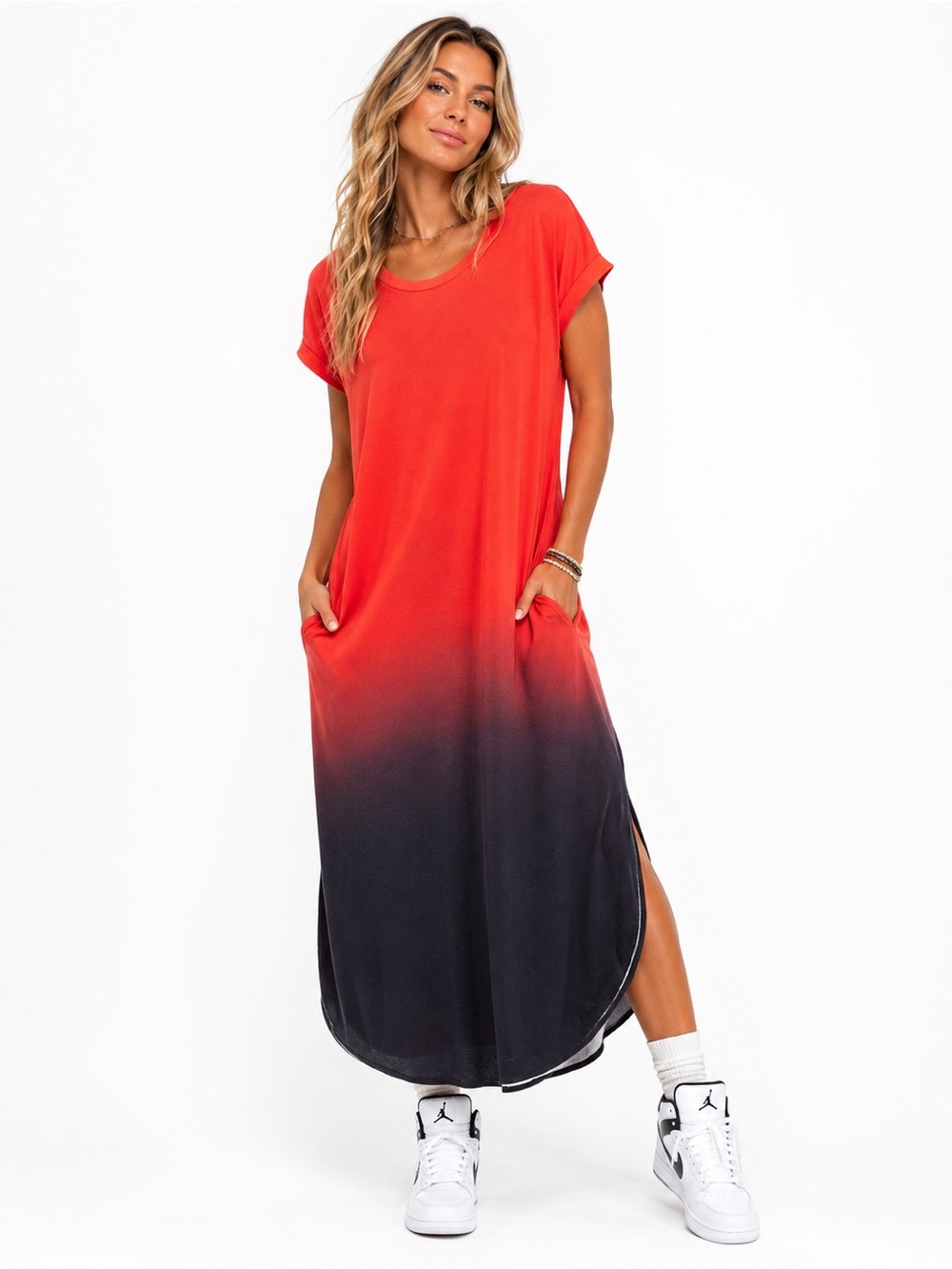 Maxi Casual Cotton Dress Red to Black Ombre with Pockets Sz M